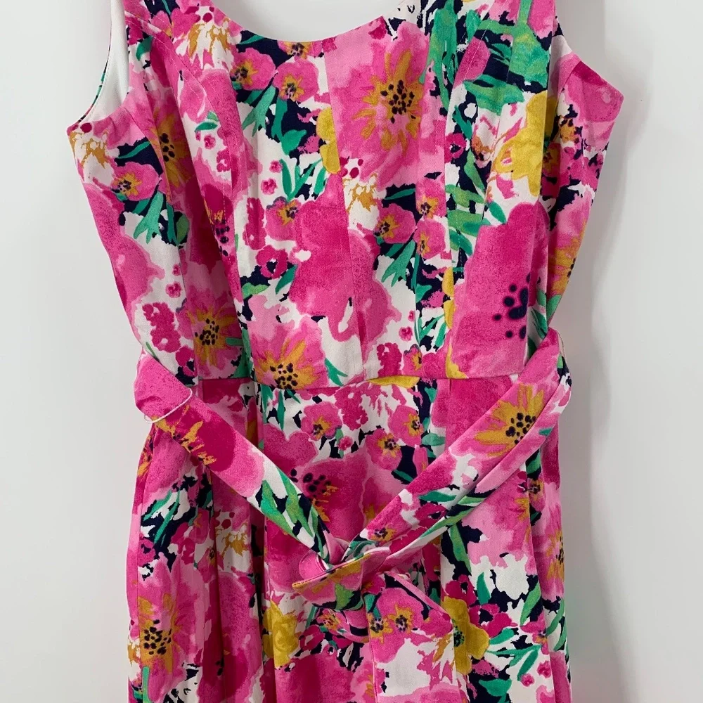 Ann Klein Bright Pink Floral Tie Belt Fit and Flare Dress Retro Style Sz 4